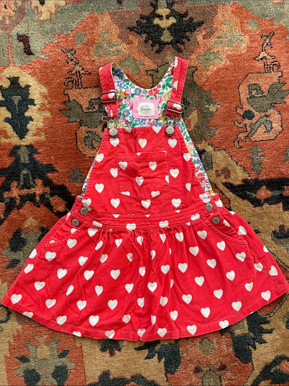 Mini Boden red heart-print corduroy pinafore dress size 3/4